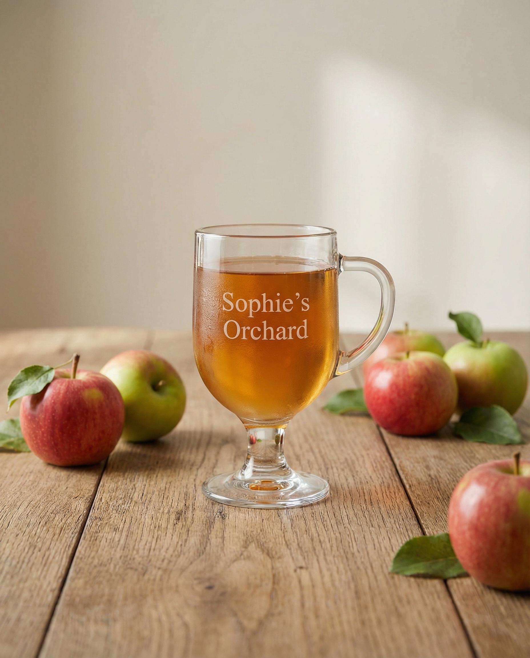 Sophie's Orchard cider glass with apples